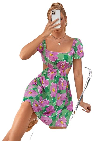 

square neck allover floral print cut out tie back dress m4oi#, Black;gray