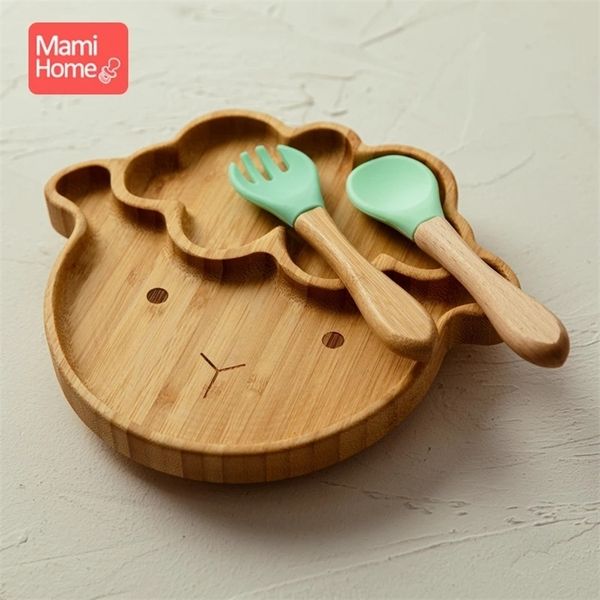 

1set custom baby feeding food plates bamboo plate sheep waterproof silicone fork spoon bpa tableware childrens tableware 220715