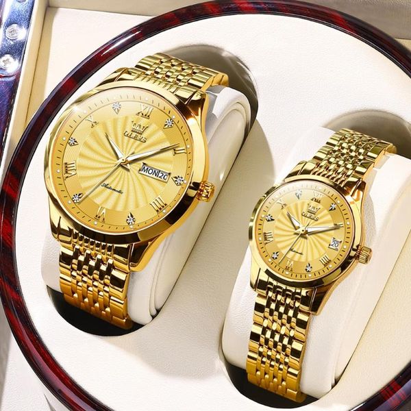 Armbanduhren Luxus Gold Paar Uhren Paar Männer Frauen Automatische Mechanische Marke Strass Für Liebhaber Mode Wasserdichte Sport Stahl Box