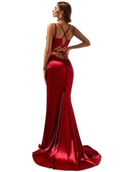 

missord lace up back satin mermaid prom dress 043r#, Black;gray