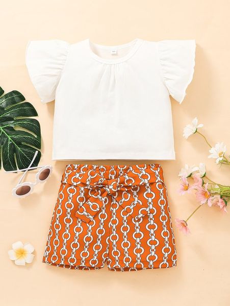 

toddler girls flutter sleeve tee & chain print belted shorts she, White