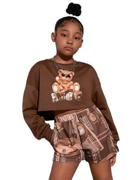 

girls bear print drop shoulder pullover & shorts 61ip#, Black;white