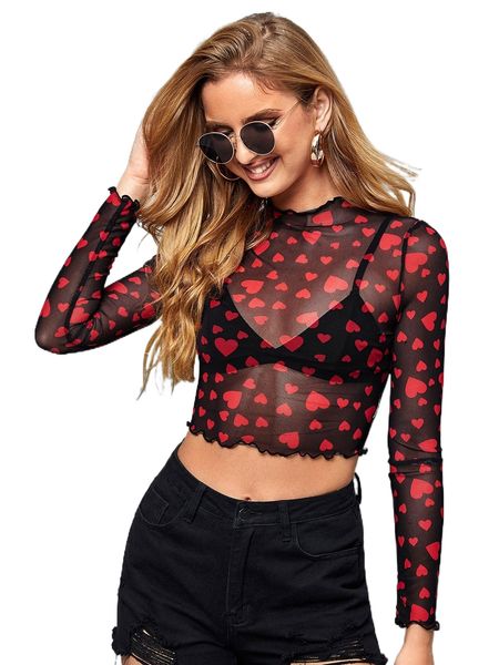 

heart print lettuce trim mock neck crop mesh without bra r5pn#, White