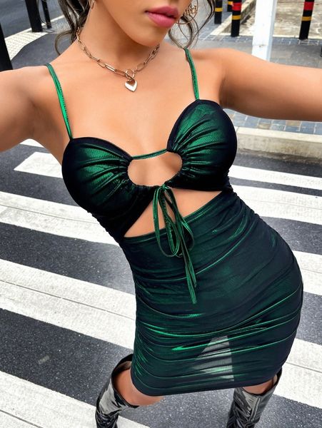 

cut out knot front ruched satin bodycon dress r9bw#, Black;gray