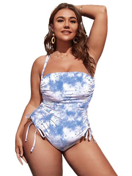 

plus tie dye drawstring side one piece swimsuit v3gy#, White;black