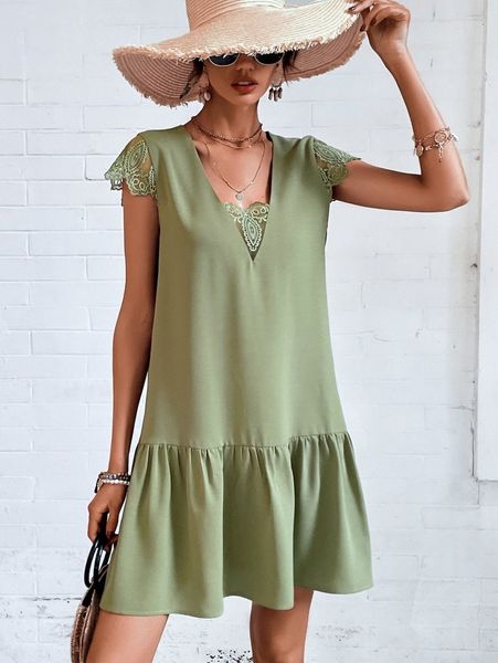 

embroidery mesh insert ruffle hem smock dress g6iw#, Black;gray