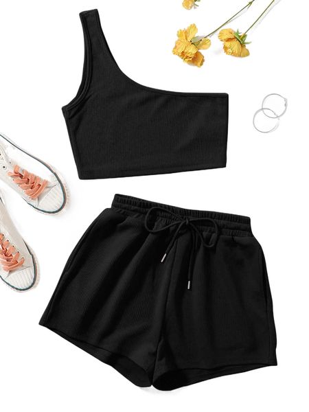 

plus solid one shoulder crop & track shorts p0yi#, Black