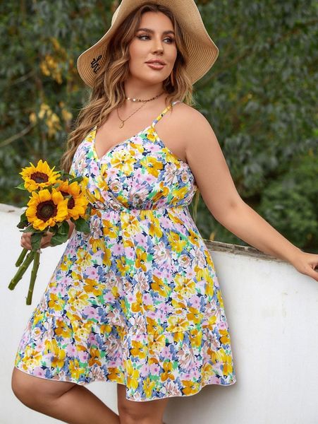 

plus allover floral print ruffle hem cami dress f97f#, Black