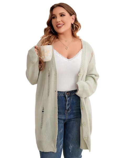

plus ripped button front drop shoulder cardigan x2ox#, Black