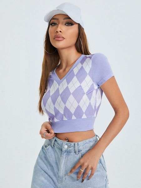 

petite argyle print crop tee i1qk#, White