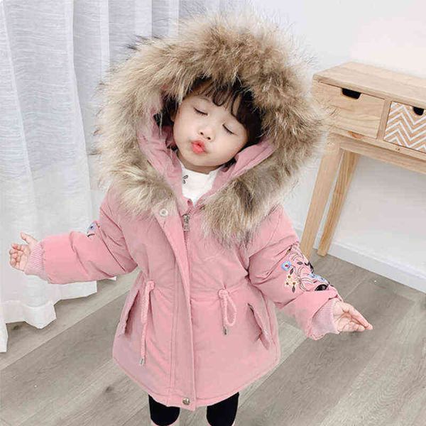 Новый 2021 Мод Дети Дети Зимний пальто девушки Зимние пальто Дети теплый толстый меховой воротник с капюшоном для девочек для девочек.
