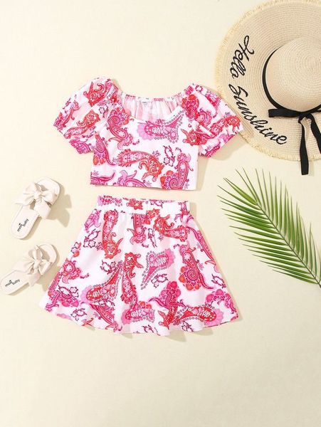 

girls paisley print & ruffle hem skirt she, White