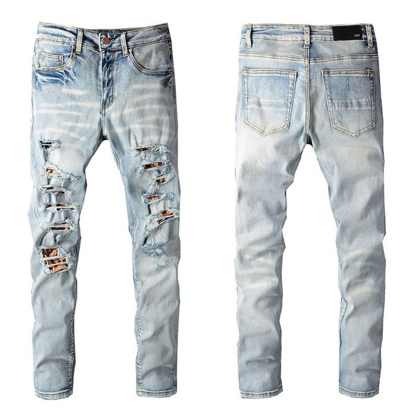 

mens cool rips stretch designer jeans distressed ripped biker slim fit washed motorcycle denim men s hip hop jean fashion man pants 22ss siz, Blue