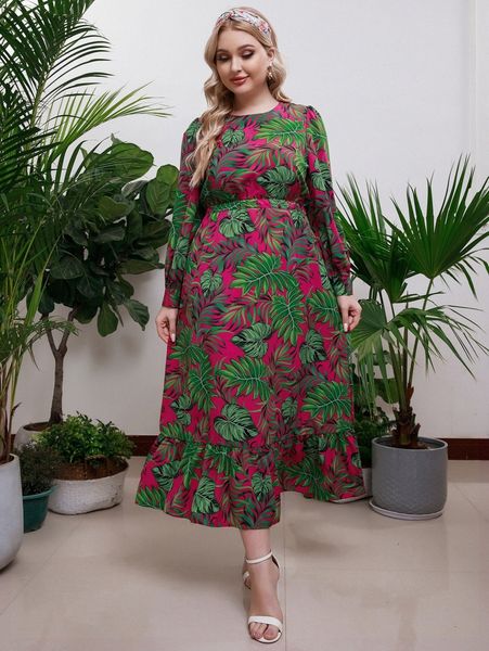

plus tropical print bishop sleeve ruffle hem dress s1ko#, Black