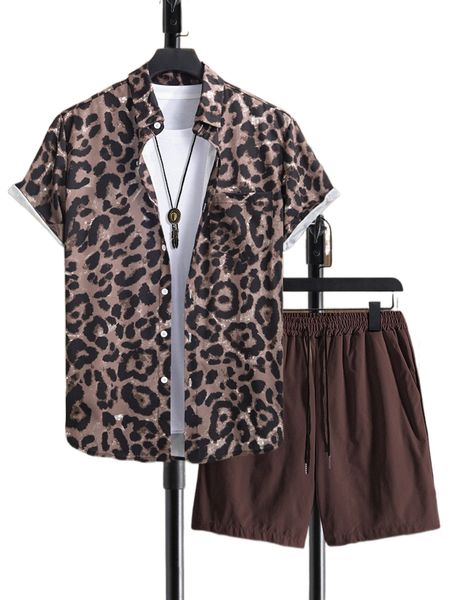 

men leopard print patched pocket shirt & drawstring waist shorts j6mp#, Gray