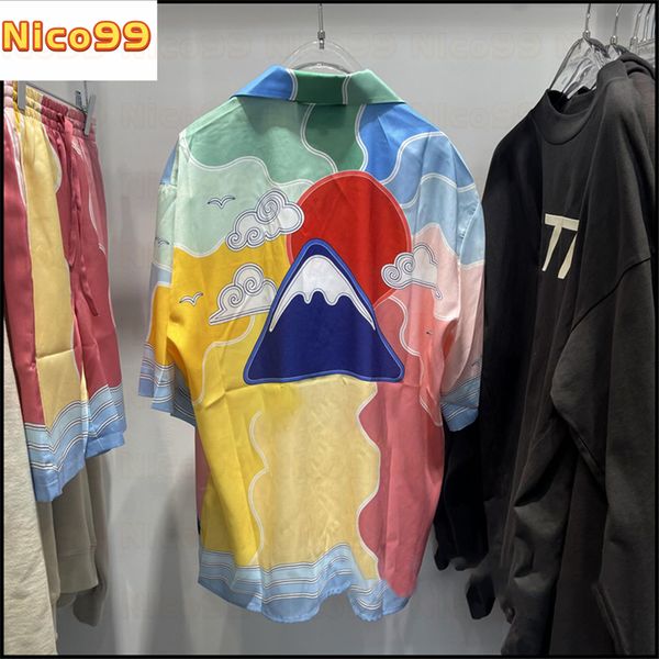 

22ss new shirts cloud pattern lapel silk short-sleeved shirt summer sunset western mountain resort style shirts for men and women, White;black