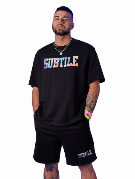 

extended sizes men letter graphic tee & shorts o3i5#, Gray