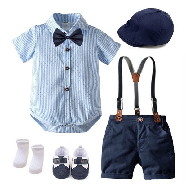 Chapéu de Verão Roupas Boys com Sapatos Bebê Outfit Set Low Tie Harajuku Bib Bib Terno 7 Pieces Partido Vestidos Azul Branco Listrado 220326