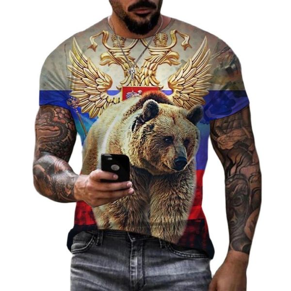 Herren T-Shirts Mode Sommer Rundhals T-Shirt Russland Bär 3D-Druck T-Shirt Russische Flagge Herrenbekleidung Streetwear Übergroße TopsHerren