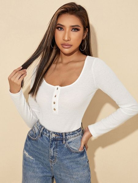 

half button scoop neck tee n9wh#, White