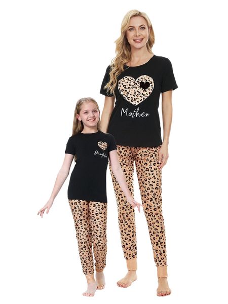 

1pc heart & letter graphic tee & 1pc leopard print pants pj set 08z1#, Black;red