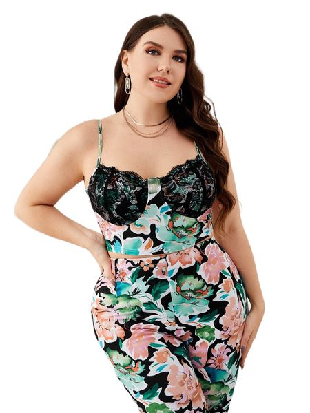 

plus floral print lace panel & leggings c4qc#, Black