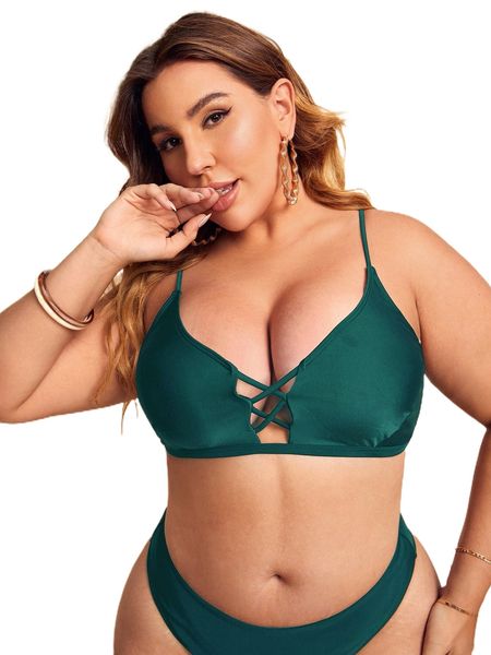 

plus crisscross front cut out back bikini m8bp#, Black