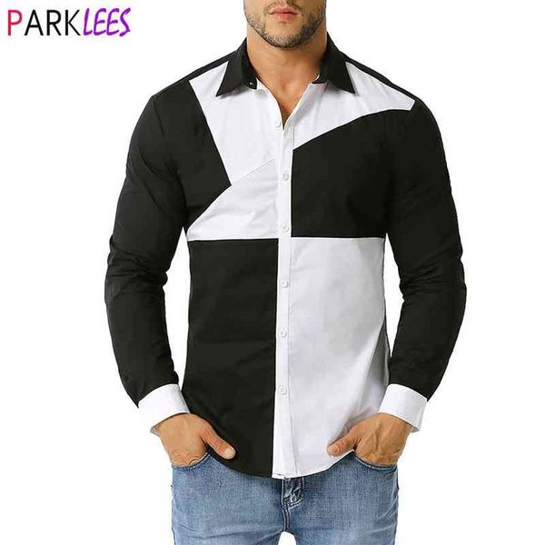 

black white contrast shirt men fashion design mens hit color dress shirts long sleeve slim fit patchwrok chemise homme 2xl 210522269p, White;black