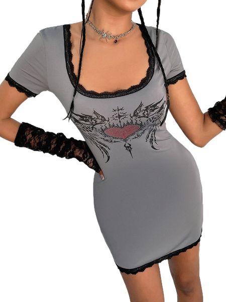 

heart print lace trim dress l8kb#, Black;gray