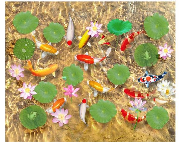 Photo Photo Photo Pavimentazione Carta da parati 3D Adesivi murali Modern Pond Lotus Leaf Pesce 3D Pavimento Pittura Pareti Papers Decorazione della casa