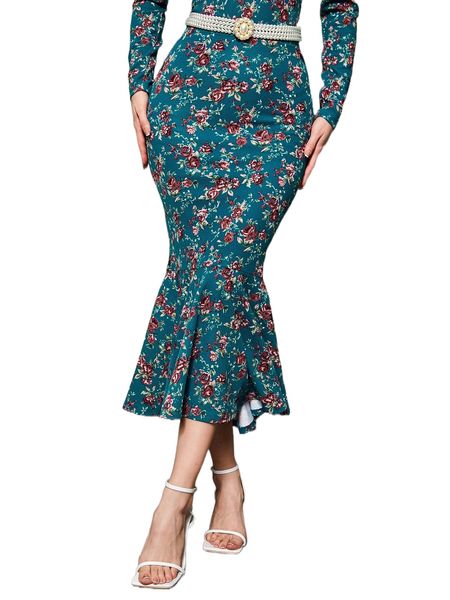 

allover floral print fishtail hem skirt without belt p4mp#, Black