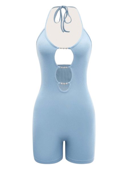 

cut out chain halter unitard romper g66r#, Black;white