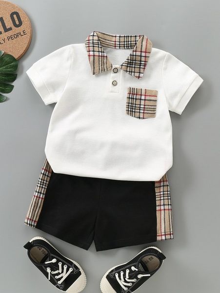 

toddler boys contrast plaid collar polo shirt & shorts she, White