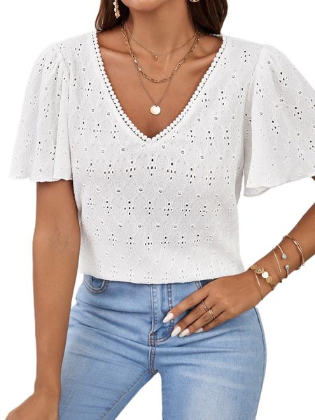 

eyelet embroidery v neck tee j9jn#, White