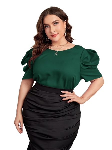 

plus puff sleeve bow v back blouse 410z#, Black