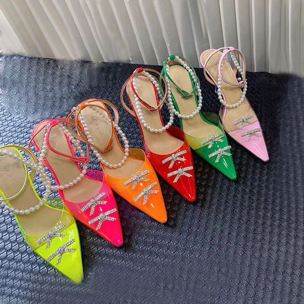 

mach double bow pearl rhinestone crystal-embellished pvc pumps shoes spool heels sandals women dress shoe evening ankle strap sandal factory, Black