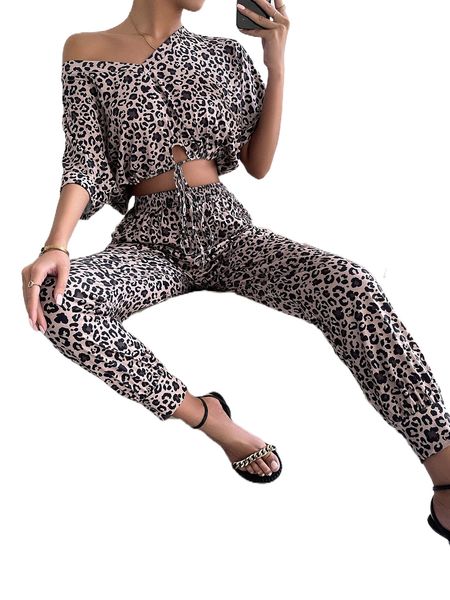 

leopard print drawstring hem crop with tapered pants y1up#, White