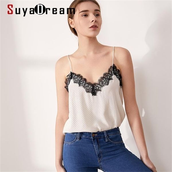 

suyadream women silk white camisole 100% real and lace camis spring summer black chic 220325