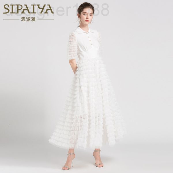 

casual dresses designer 2021 summer new splicing fairy skirt doll neck short sleeve long mesh princess cake big swing dress lb62, Black;gray