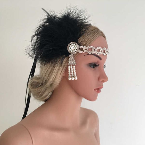 

silver crystal beading flapper headband black/snow bud feather & pearl tassel headbands for bride bridesmaid indian hair bands gift set