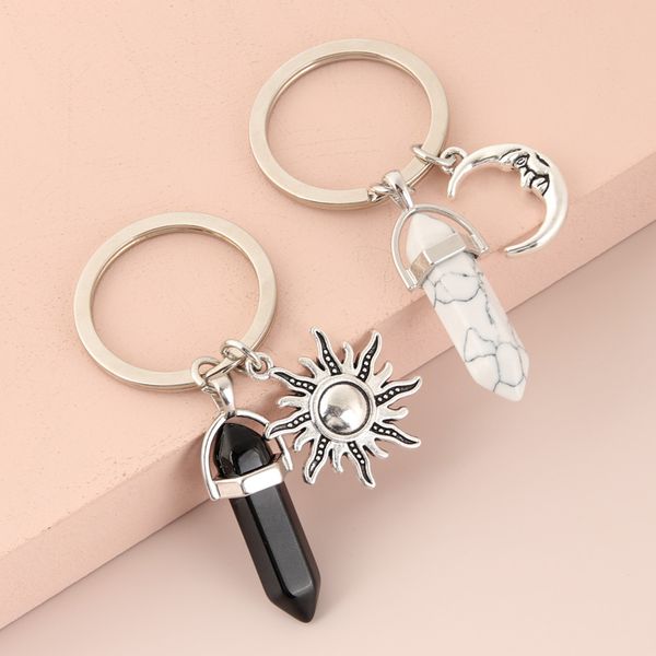 Natural Opal Stone Keychain Mulheres Coluna Hexagonal Chaveiro Com Sun Moon Jewelry Casal Amigos