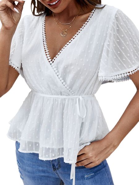 

swiss dot surplice neck belted blouse 78e9#, White