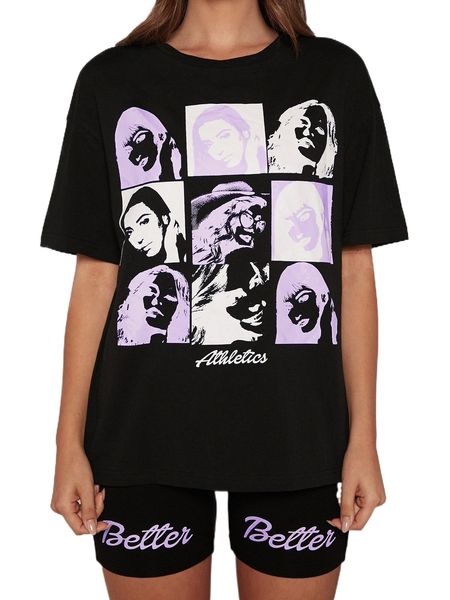 

figure & letter graphic drop shoulder tee & biker shorts r5co#, White