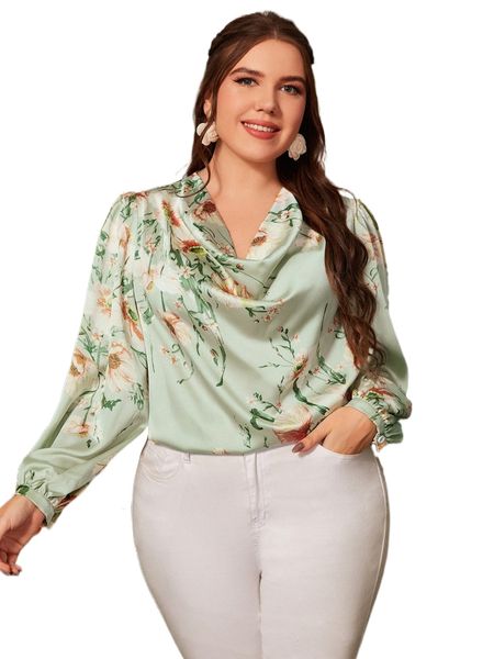 

plus draped collar floral print satin blouse 670s#, Black