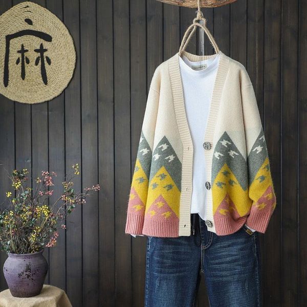 

women's knits & tees vintage spring autumnu patchwork jacquard cardigan coats women's casual loose oversized knitted jackets print, White