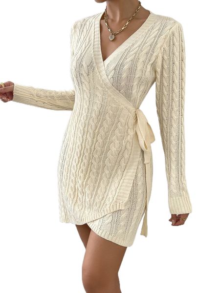 

cable knit wrap tie side sweater dress j7r7#, White;black