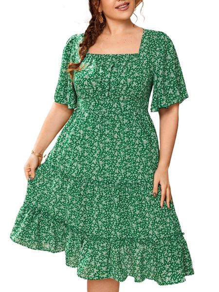 

plus ditsy floral square neck ruffle hem dress g07d#, Black