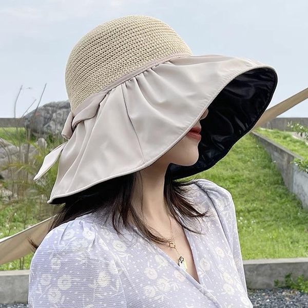 Chapéus de aba larga DT 2022 Moda Sun Hat Women Decoração de arco Elegante Material de poliéster Proteção de luxo de luxo de praia Hatwid de qualidade de praia
