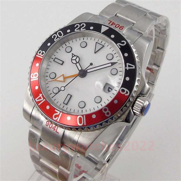 

super quality mens watch 40mm white sterile dial asia 2813 movement date display rotating bezel automatic mechanical gmt sapphire glass wris, Slivery;brown