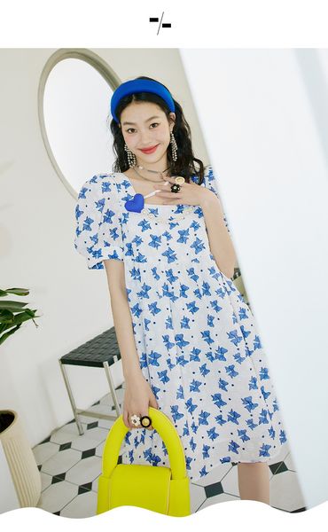 

french dress women's 2022 summer new butterfly print bubble sleeve large swing skirt temperament commuter pullover skirt, Black;gray